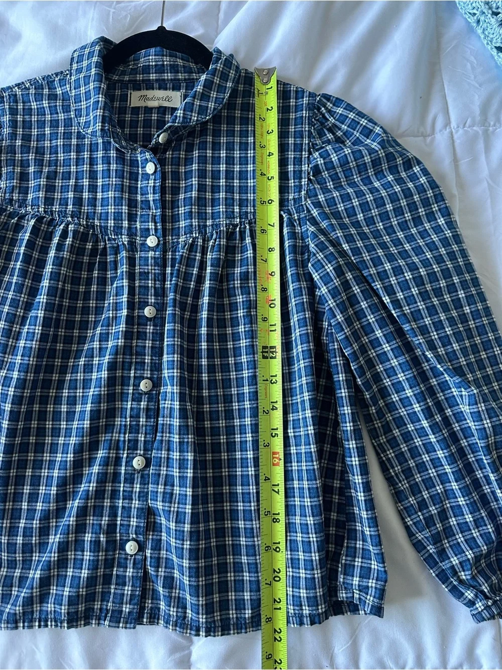 Madewell Blue Plaid Peter Pan Collared Blouse Puff Sleeve Size M Cottagecore